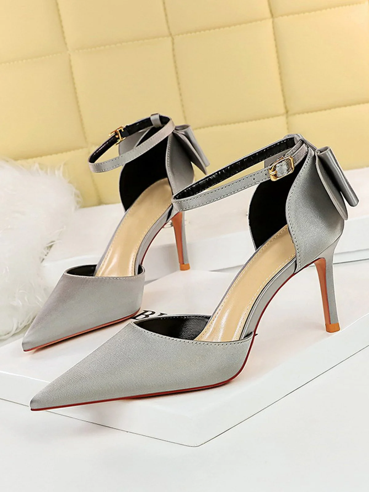 Pointed Toe Bow Strap Satin High Heels Shoes - Image 8