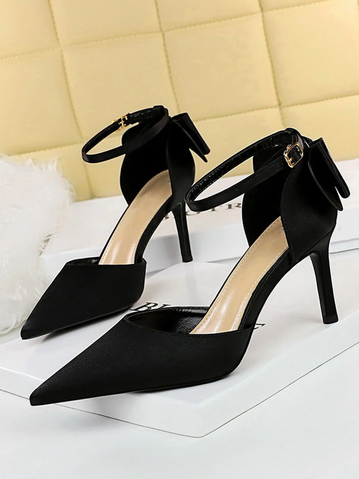 Pointed Toe Bow Strap Satin High Heels Shoes - Image 9