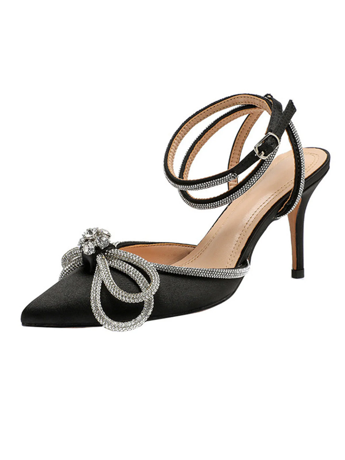 Pointed Toe Bowknot Rhinestone High Heels - Image 3