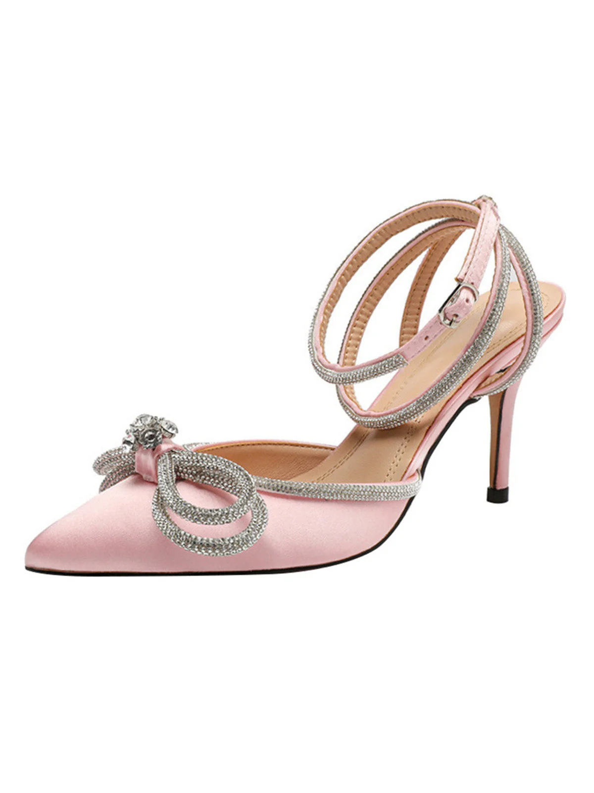 Pointed Toe Bowknot Rhinestone High Heels - Image 5