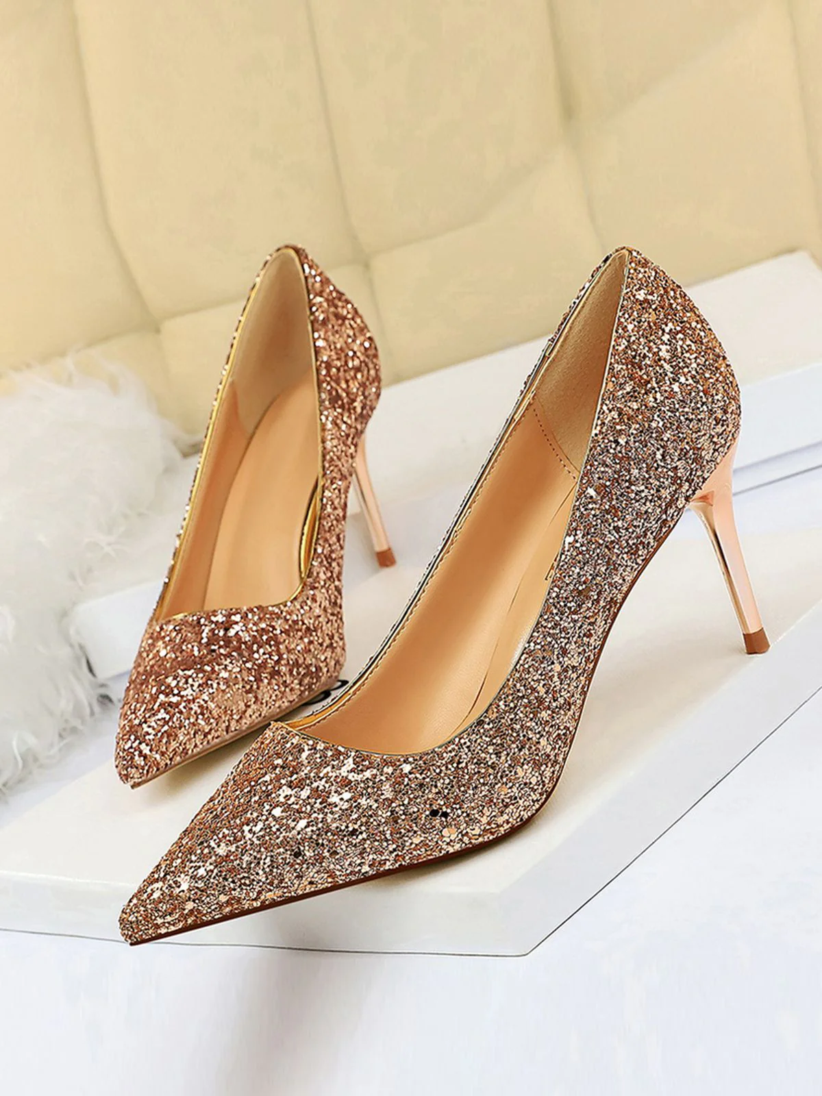 Pointed Toe Sequins Glitter High Heels Shoes - Image 17