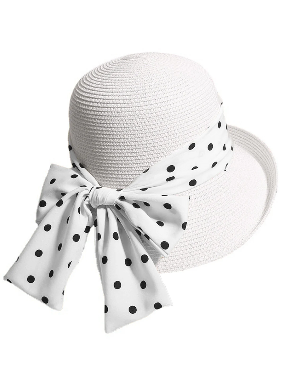 Polka Dot Ribbon Bow Tie Straw Hat - Image 2