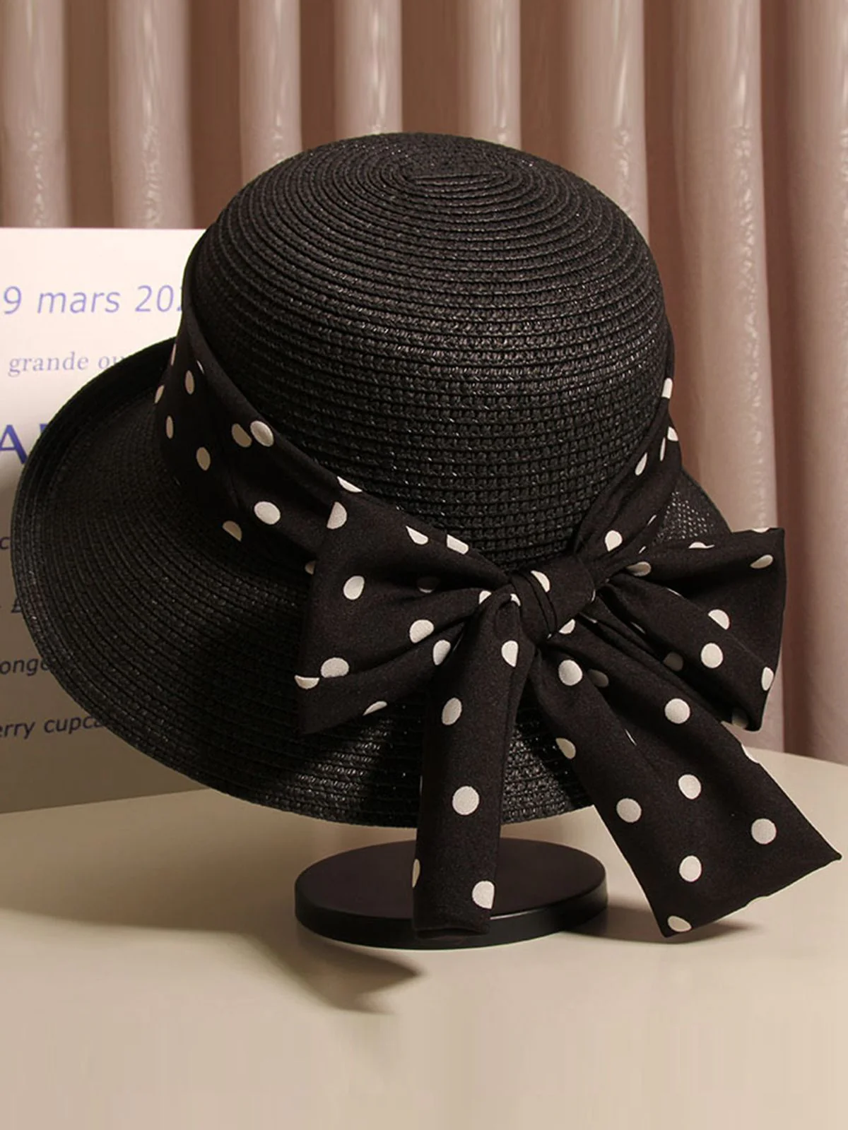 Polka Dot Ribbon Bow Tie Straw Hat - Image 3