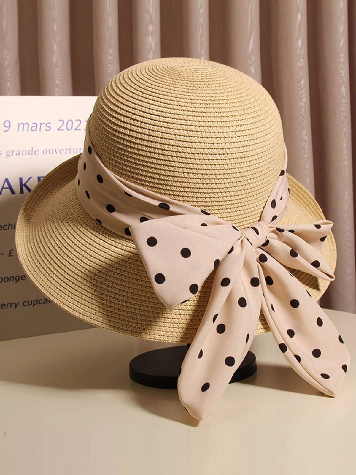 Polka Dot Ribbon Bow Tie Straw Hat - Image 4