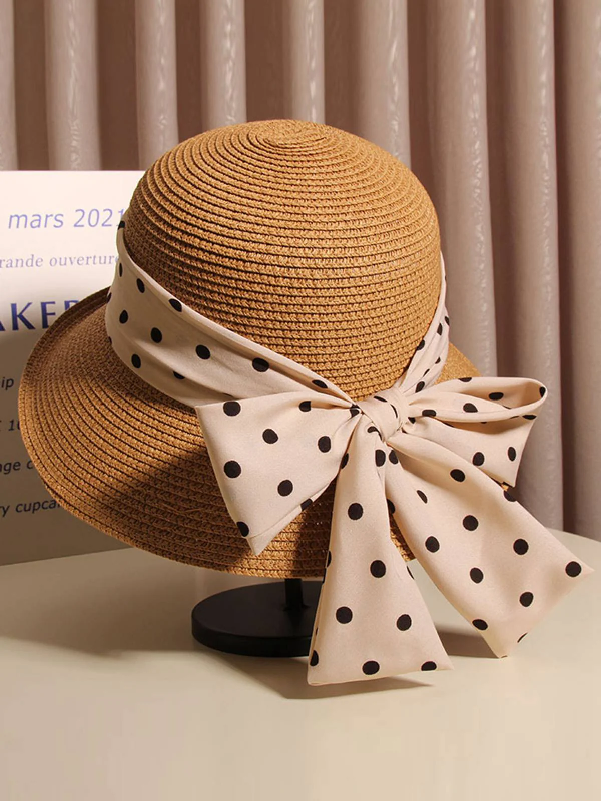 Polka Dot Ribbon Bow Tie Straw Hat - Image 5
