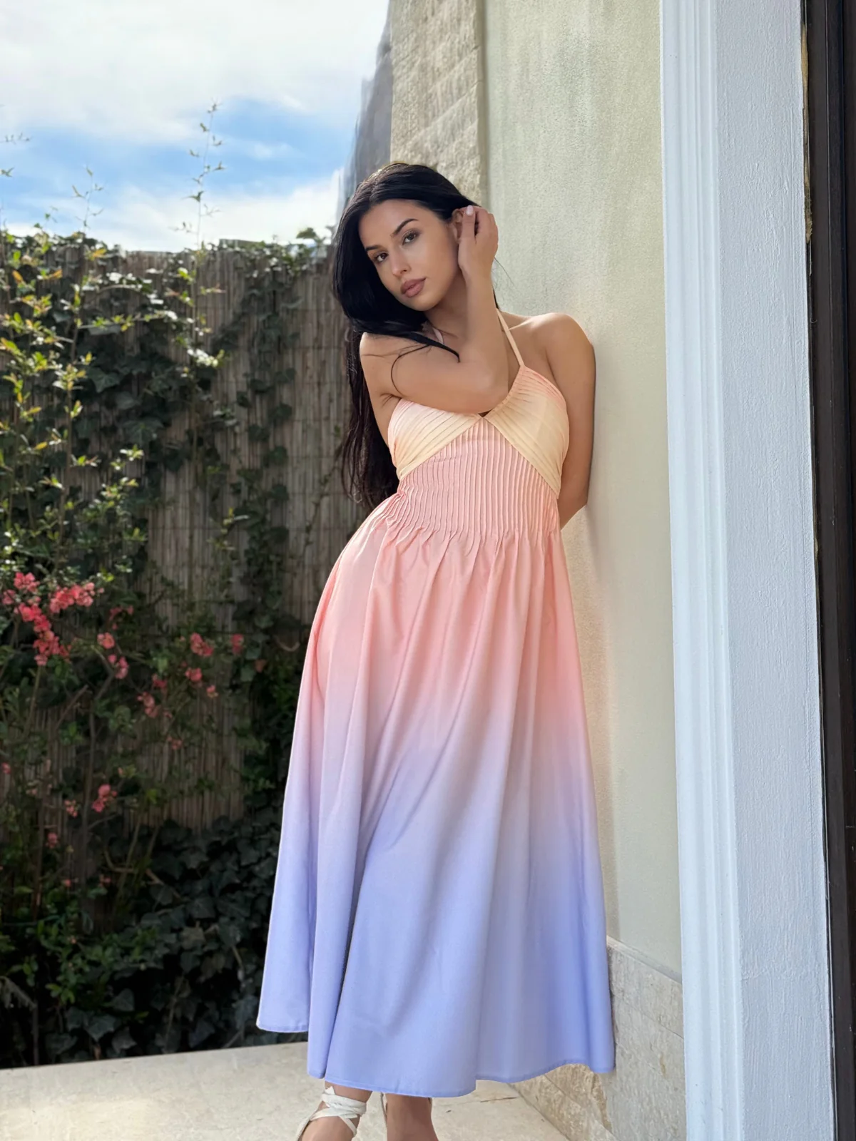 1940s Ombre Deep V-Neck Halter Dress - Image 2