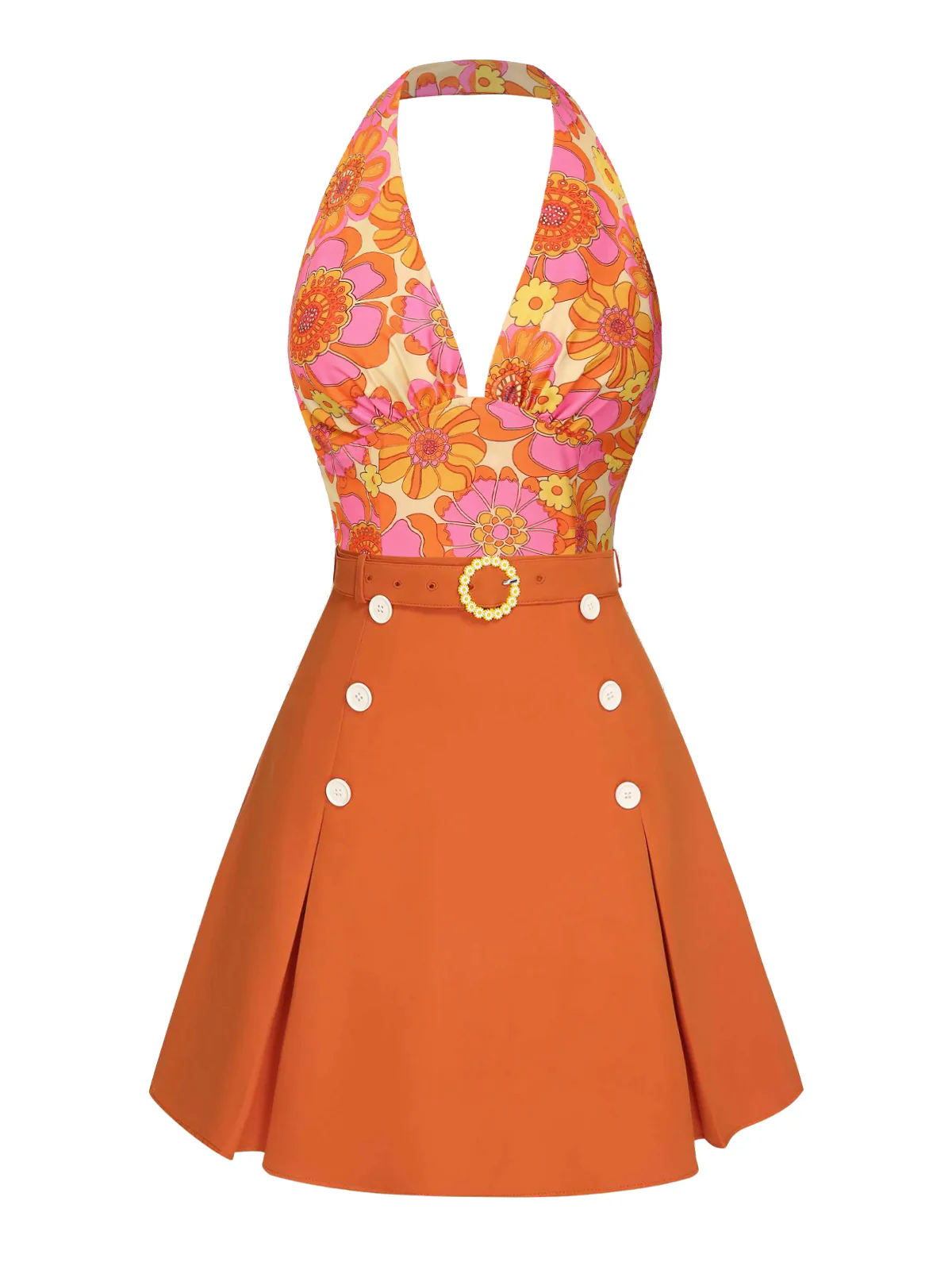 2PCS 1960s Floral Halter Top & Solid Skirt - Image 2