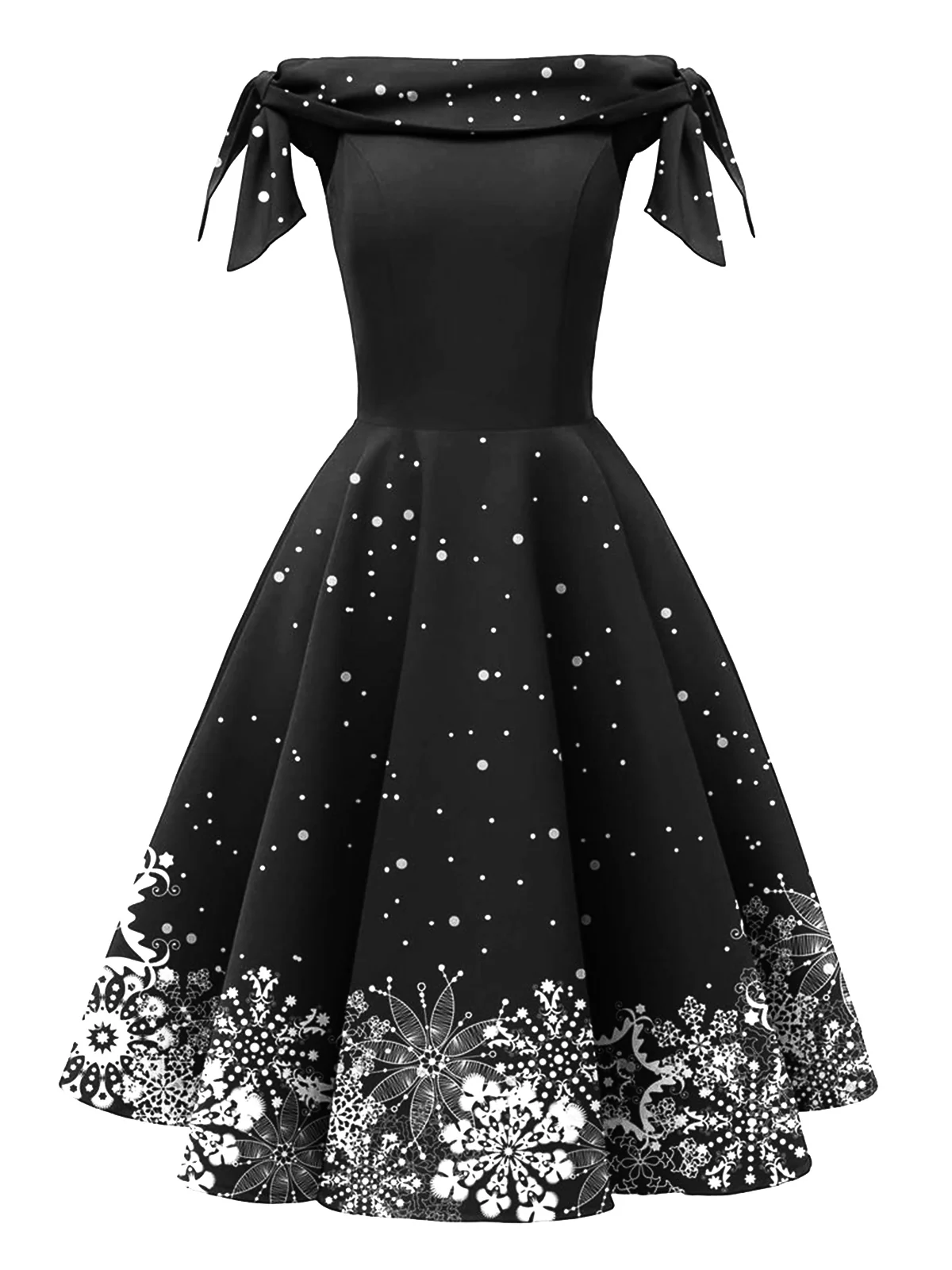 Green 1950s Christmas Snowflake Off-Shoulder Dress - Image 5