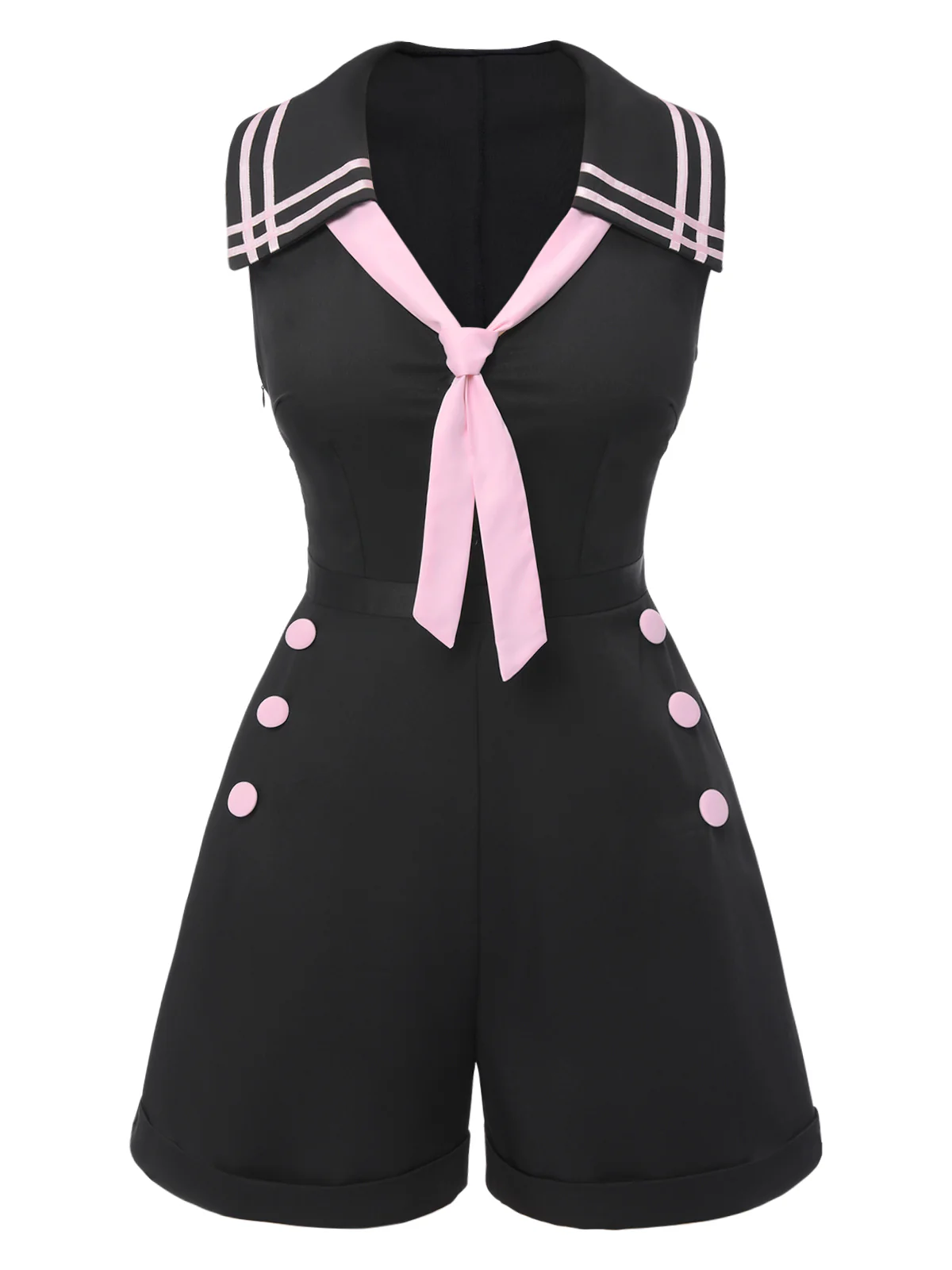 Black & Pink 1950s Solid Tie Lapel Romper - Image 2