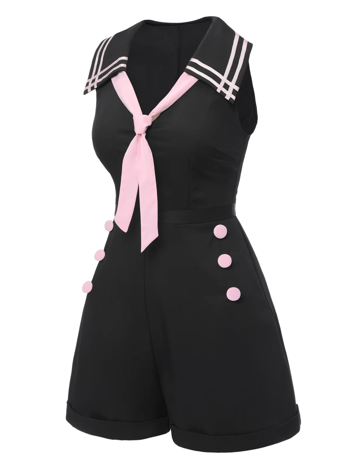Black & Pink 1950s Solid Tie Lapel Romper - Image 3