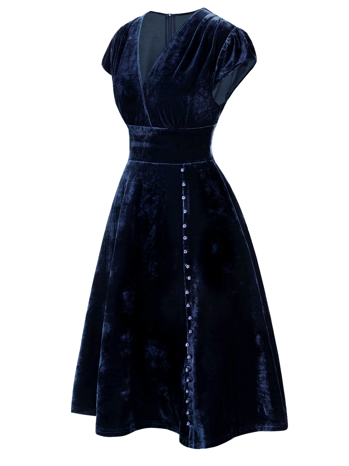 Blue 1940s Deep V-Neck Pearl Velvet Dress - Image 2