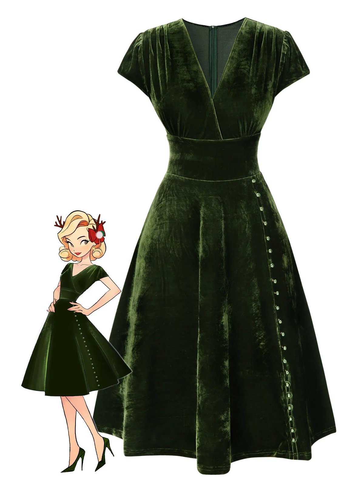 Red 1940s Deep V-Neck Pearl Velvet Dress - Image 2