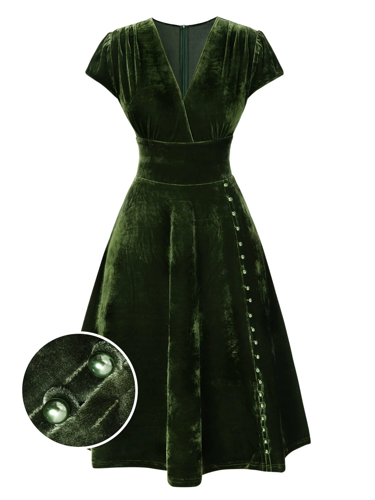 Red 1940s Deep V-Neck Pearl Velvet Dress - Image 3