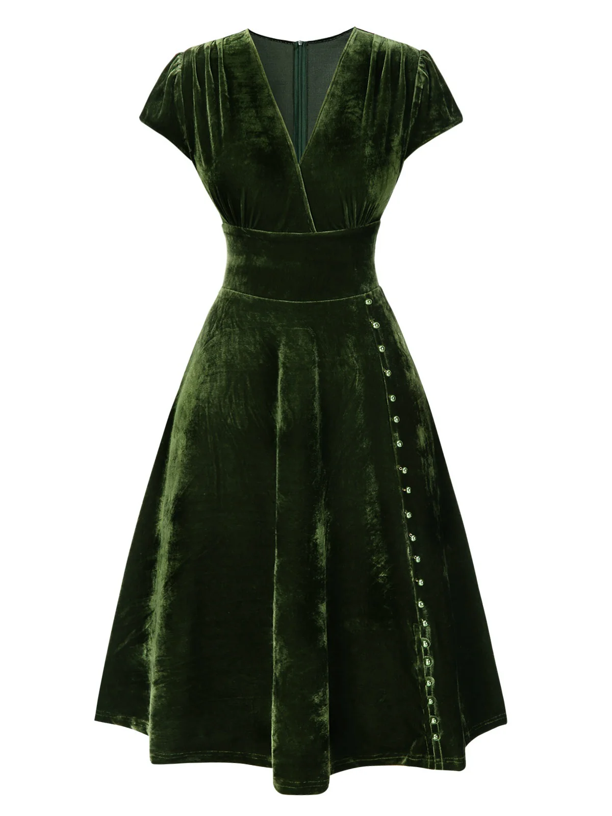 Red 1940s Deep V-Neck Pearl Velvet Dress - Image 4