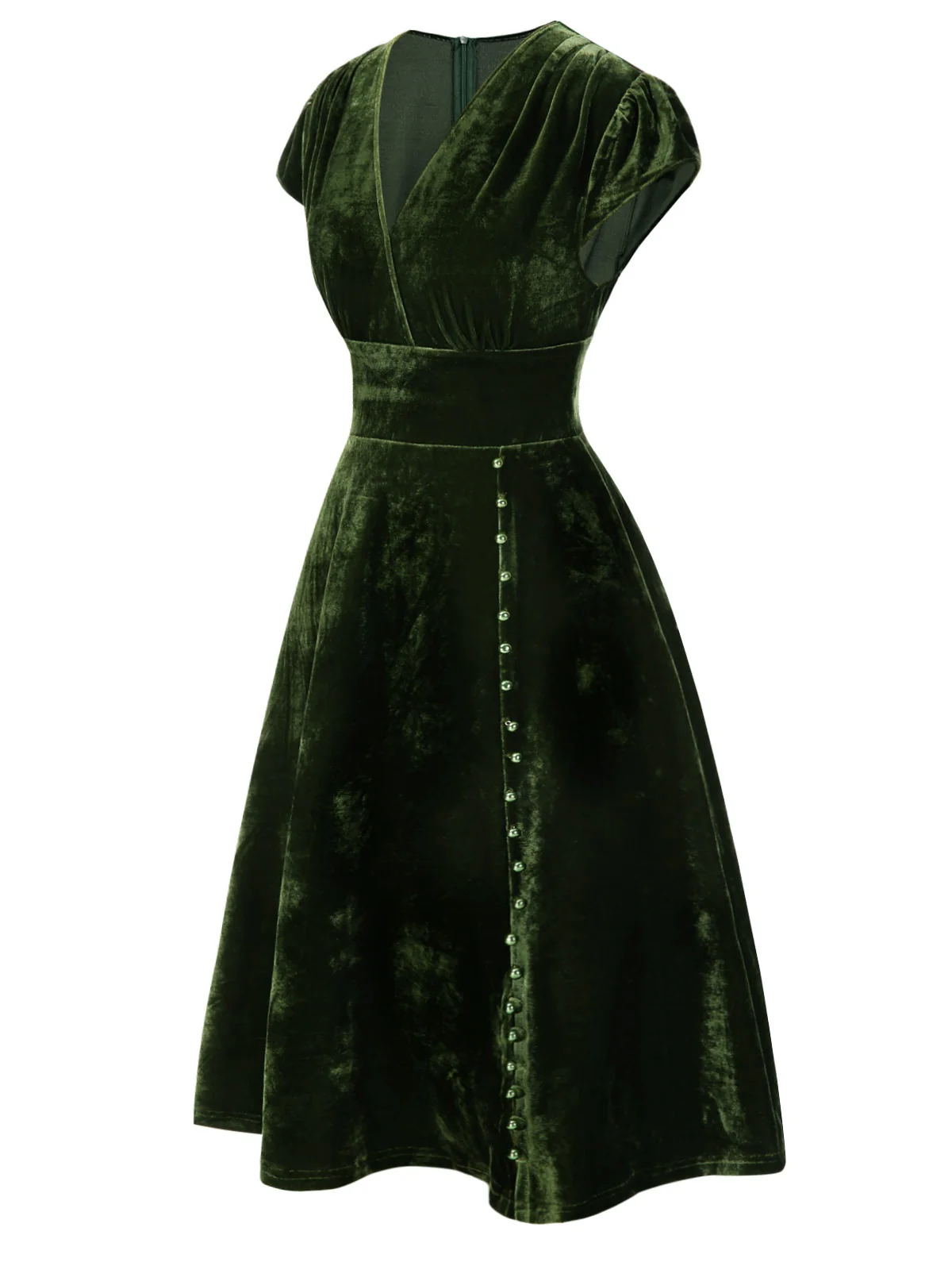 Red 1940s Deep V-Neck Pearl Velvet Dress - Image 5