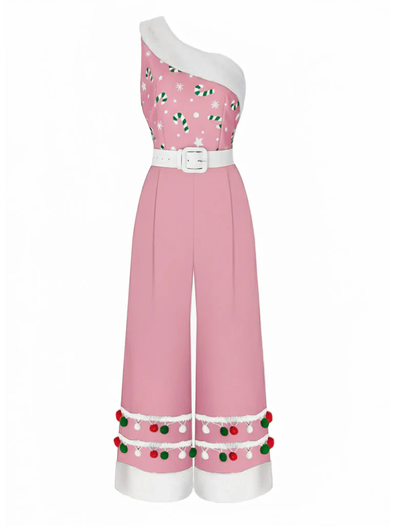 Red 1950s Christmas One Shoulder Fur Ball Belted Jumpsuit - Image 5