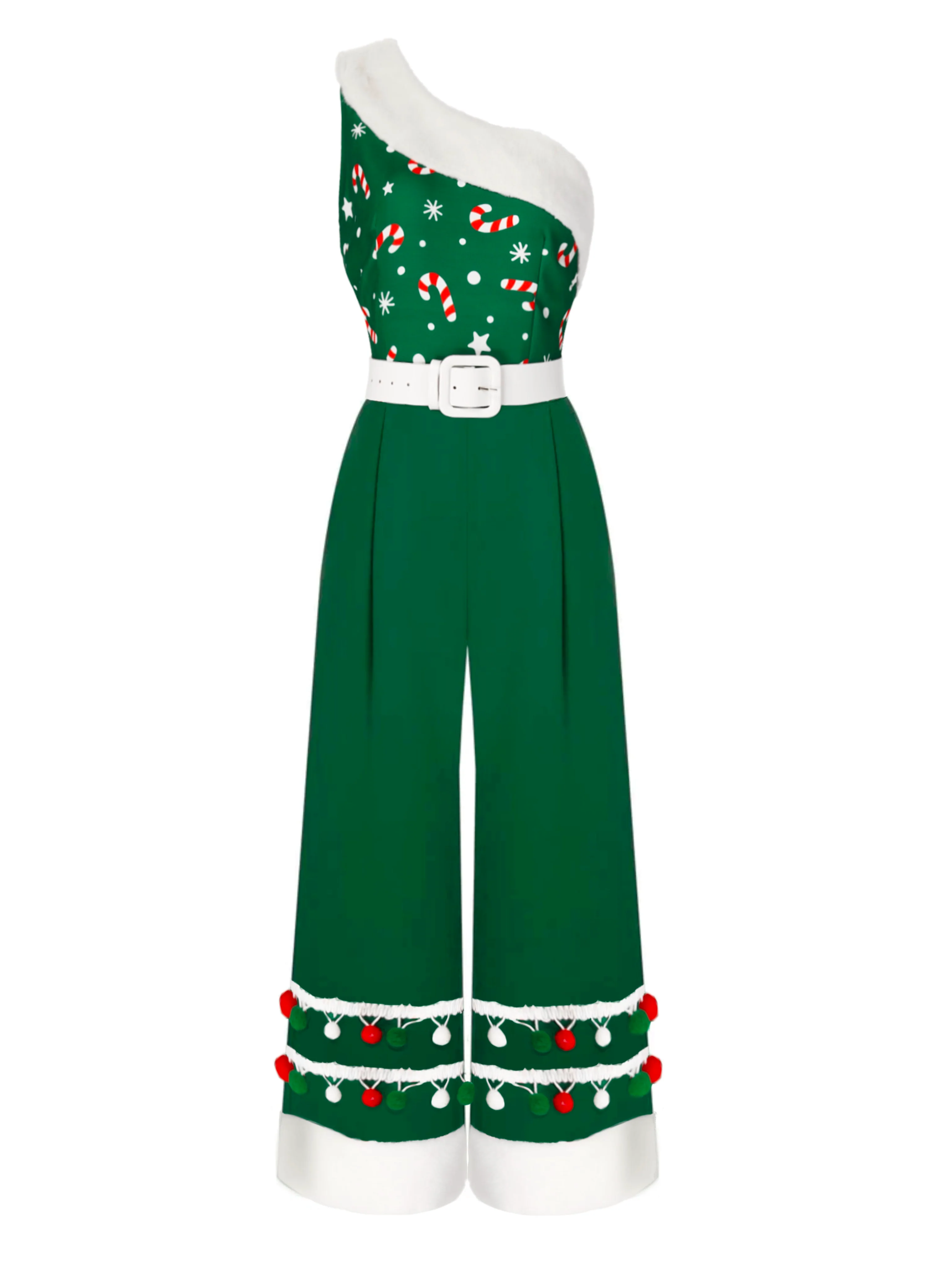 Red 1950s Christmas One Shoulder Fur Ball Belted Jumpsuit - Image 2