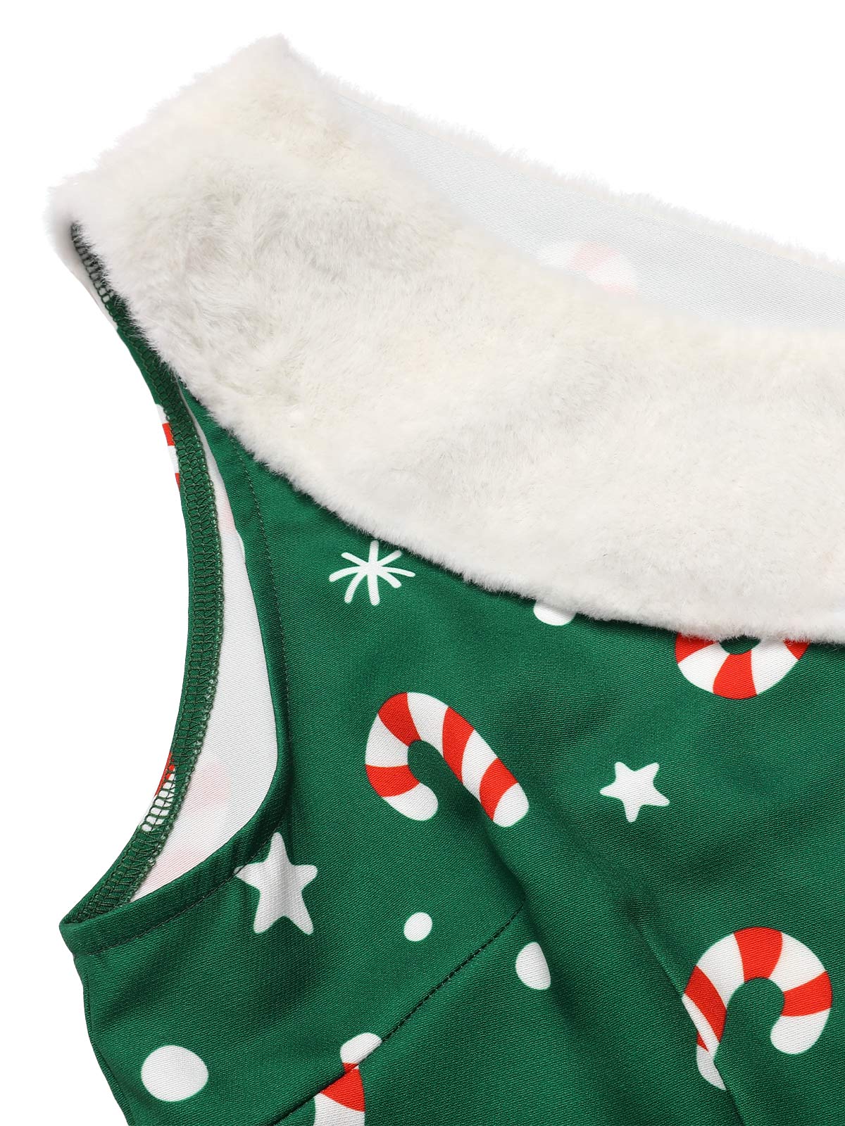 Red 1950s Christmas One Shoulder Fur Ball Belted Jumpsuit - Image 4