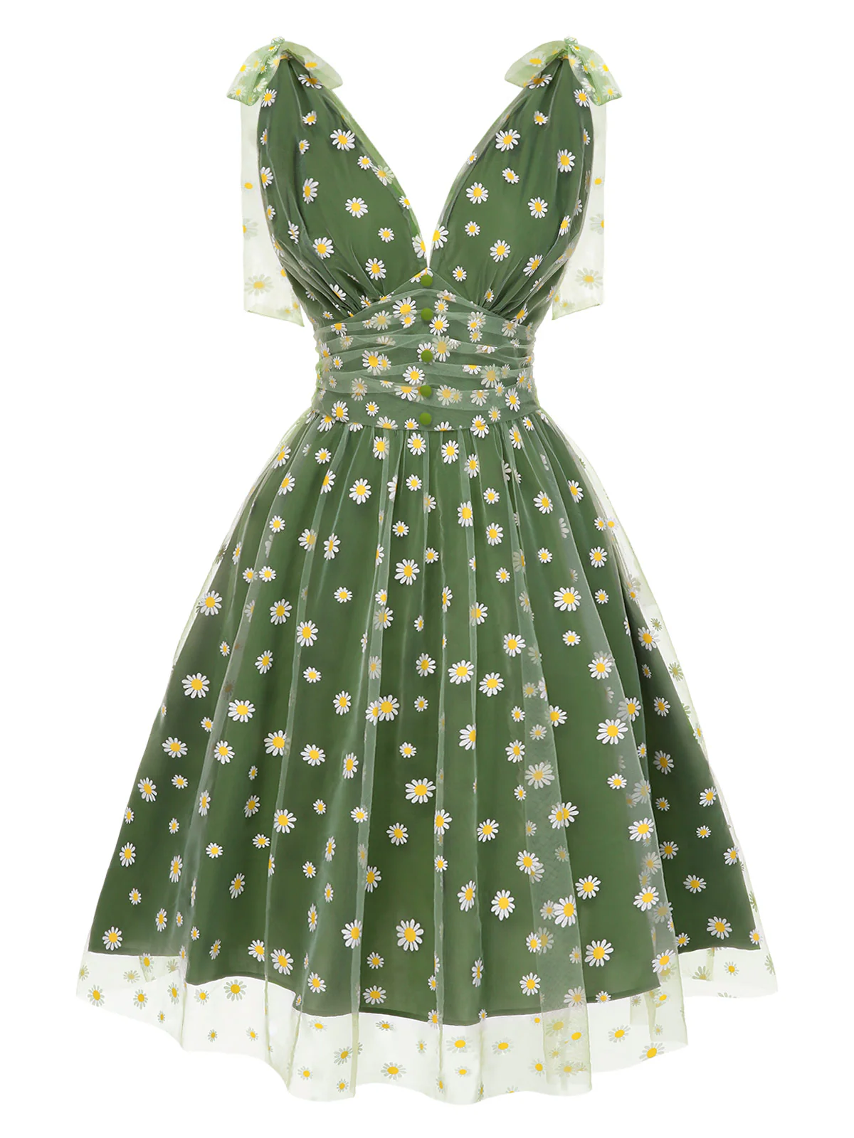Green 1950s Daisy Mesh Swing Dress - Image 2