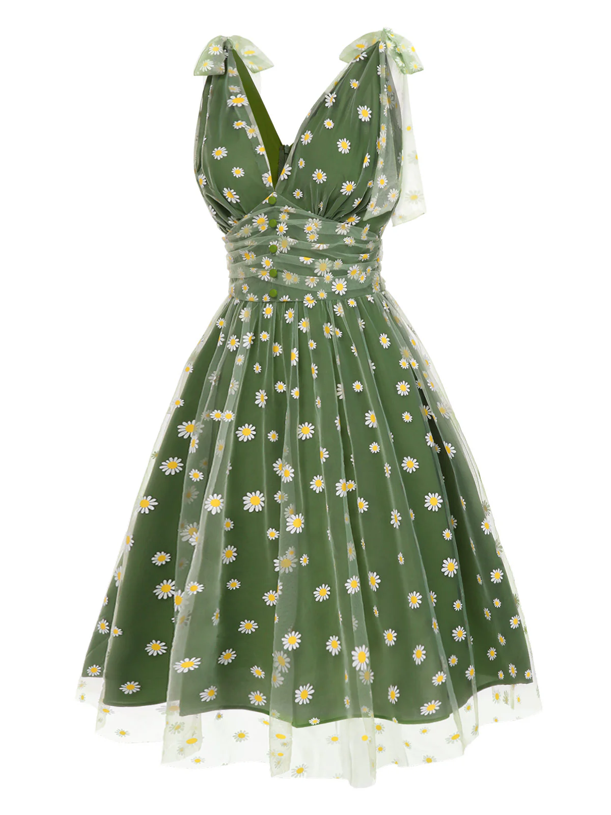 Green 1950s Daisy Mesh Swing Dress - Image 3