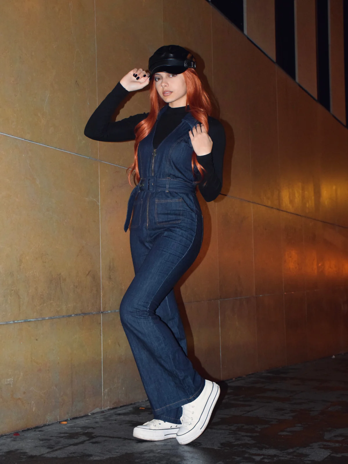 Blue 1970s Denim Collar Belted Flared Jumpsuit - Image 2