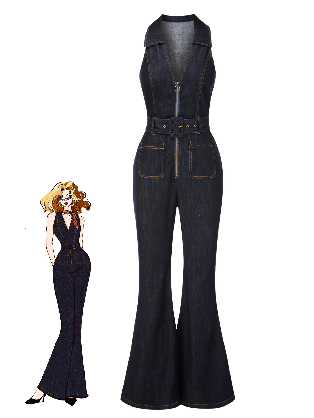 Blue 1970s Denim Collar Belted Flared Jumpsuit - Image 4