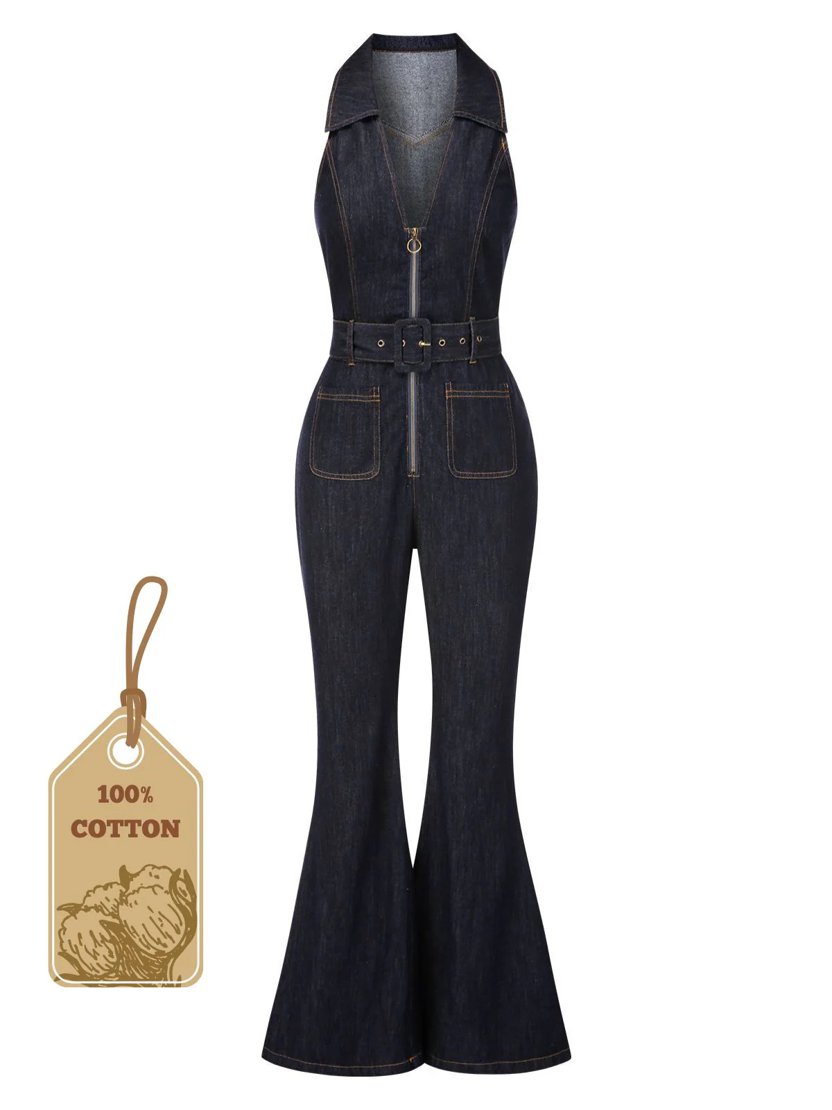 Blue 1970s Denim Collar Belted Flared Jumpsuit - Image 6