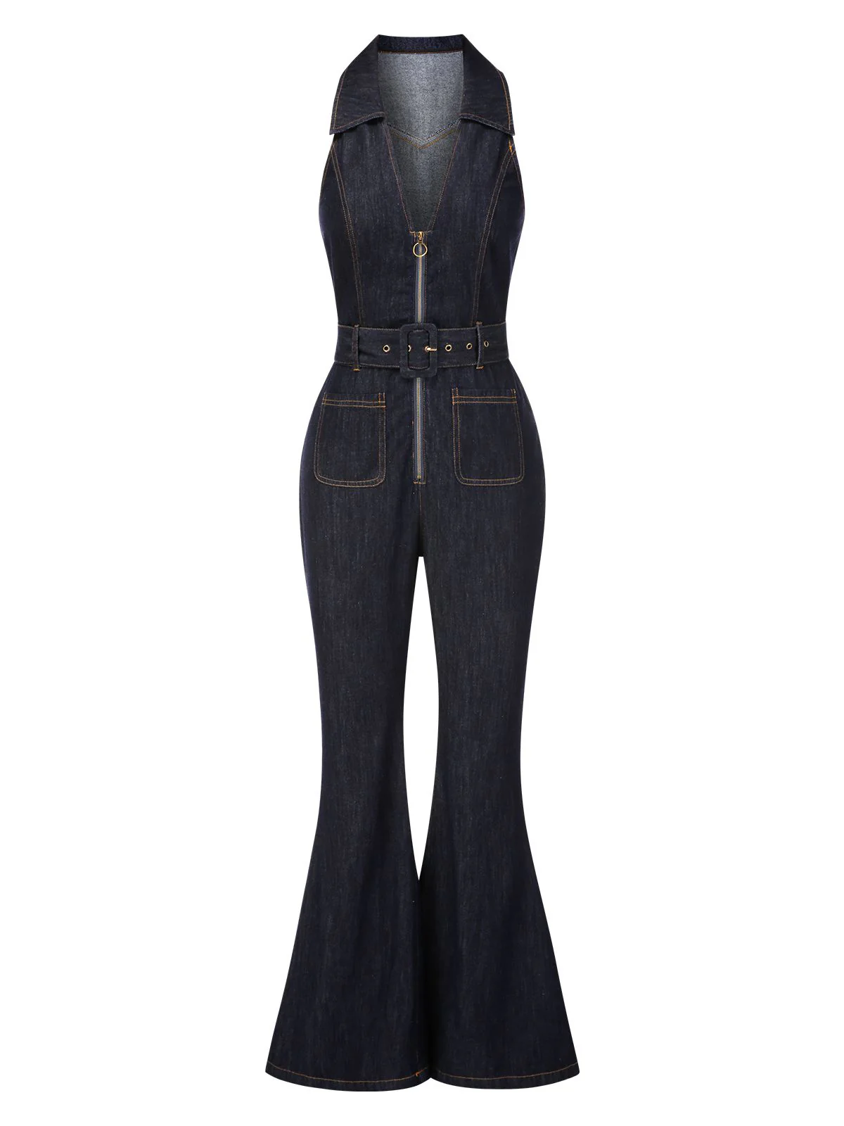 Blue 1970s Denim Collar Belted Flared Jumpsuit - Image 7