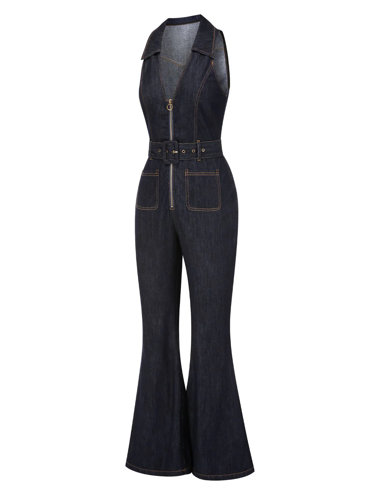 Blue 1970s Denim Collar Belted Flared Jumpsuit - Image 8