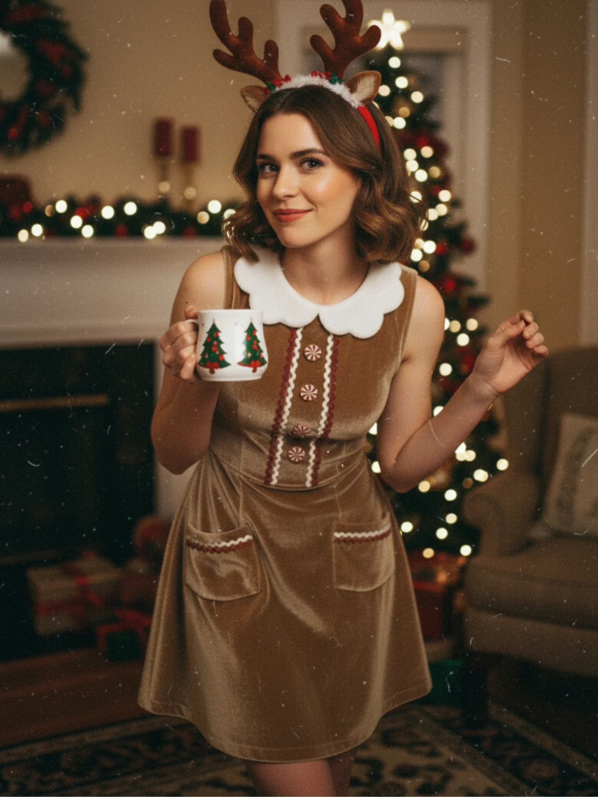 Brown 1960s Christmas Gingerbread Velvet Dress - Image 2