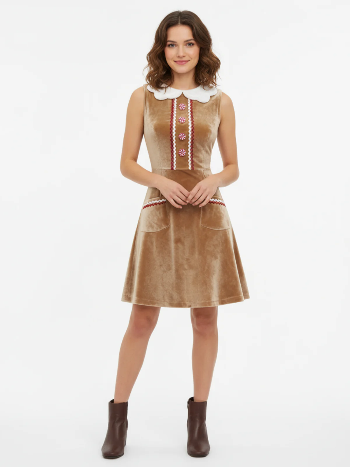 Brown 1960s Christmas Gingerbread Velvet Dress - Image 3