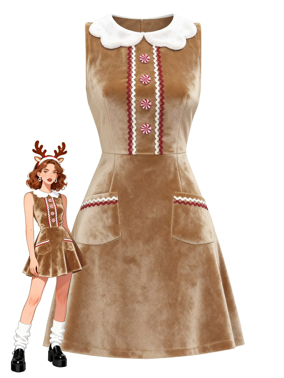 Brown 1960s Christmas Gingerbread Velvet Dress - Image 5