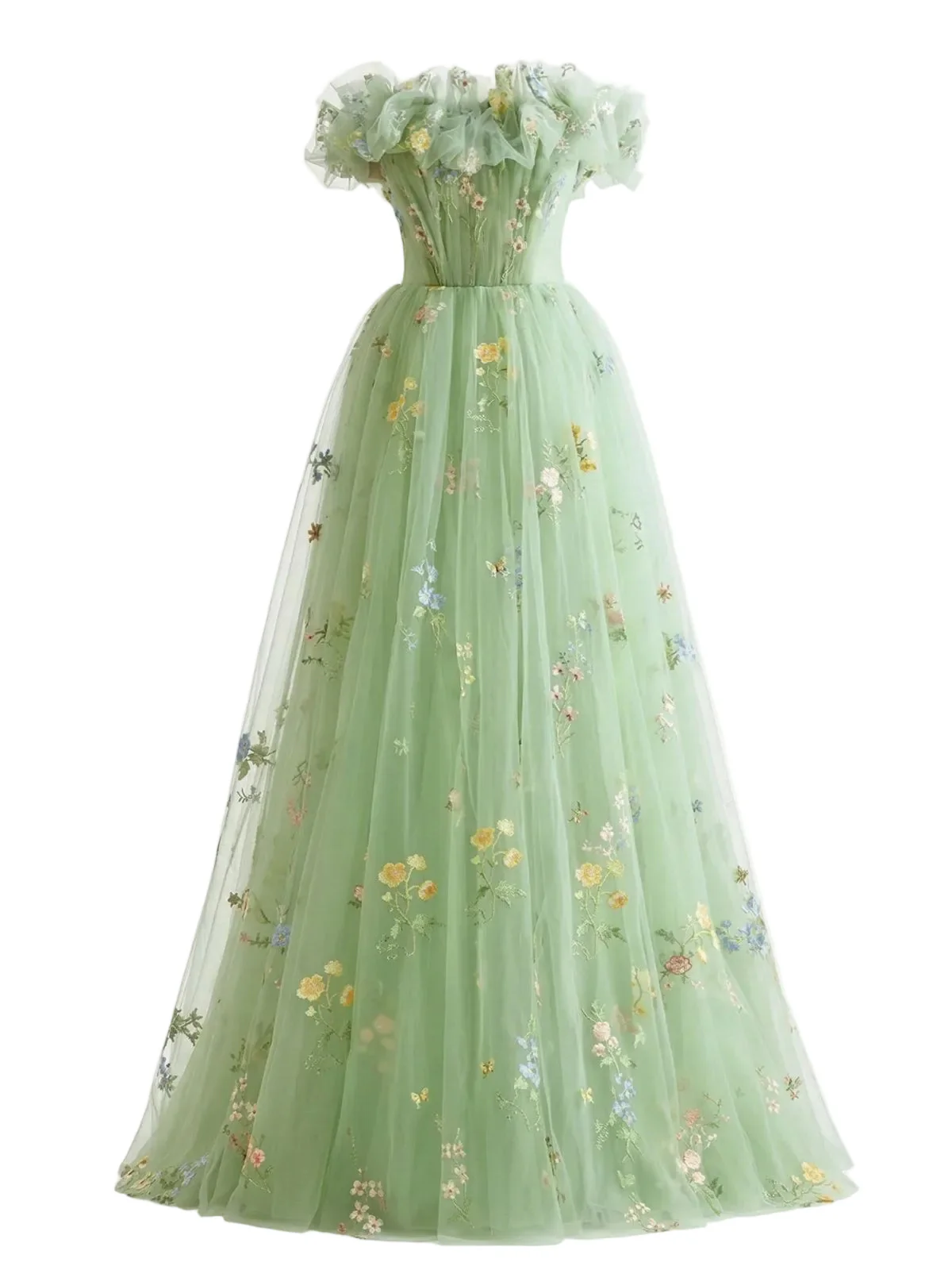 [Pre-Sale] Green 1930s Floral Embroidered Mesh Strapless Dress - Image 2