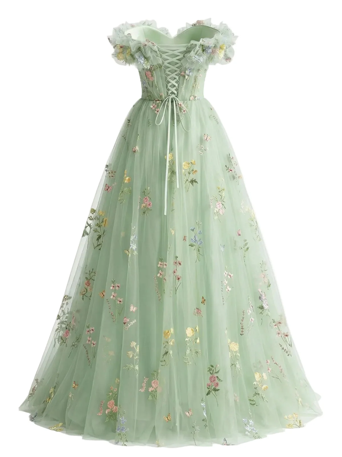 [Pre-Sale] Green 1930s Floral Embroidered Mesh Strapless Dress - Image 3