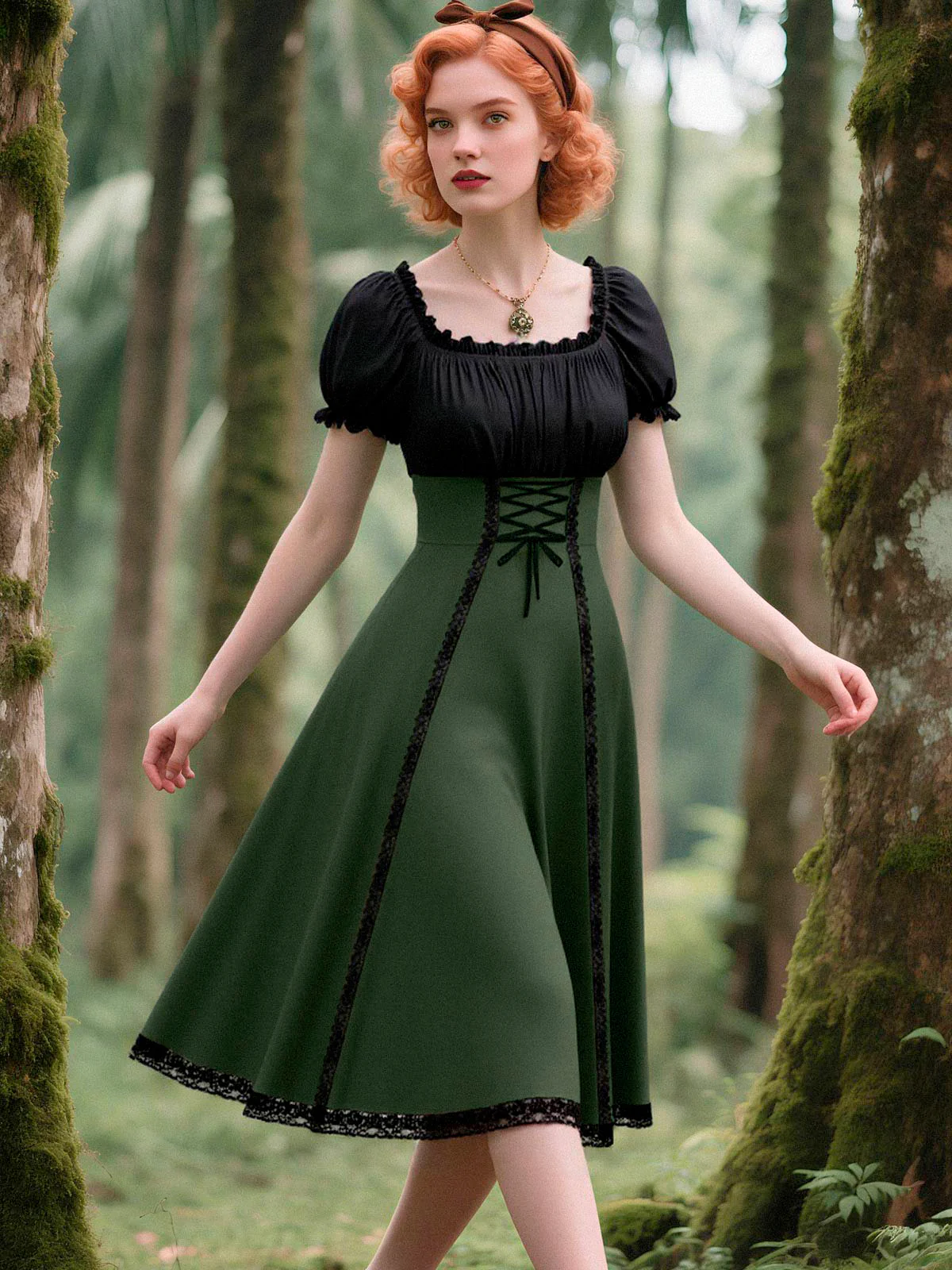Green 1940s Colorblock Lace-Up Dress - Image 2