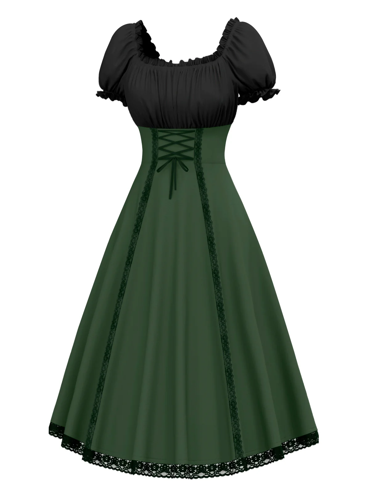 Green 1940s Colorblock Lace-Up Dress - Image 3