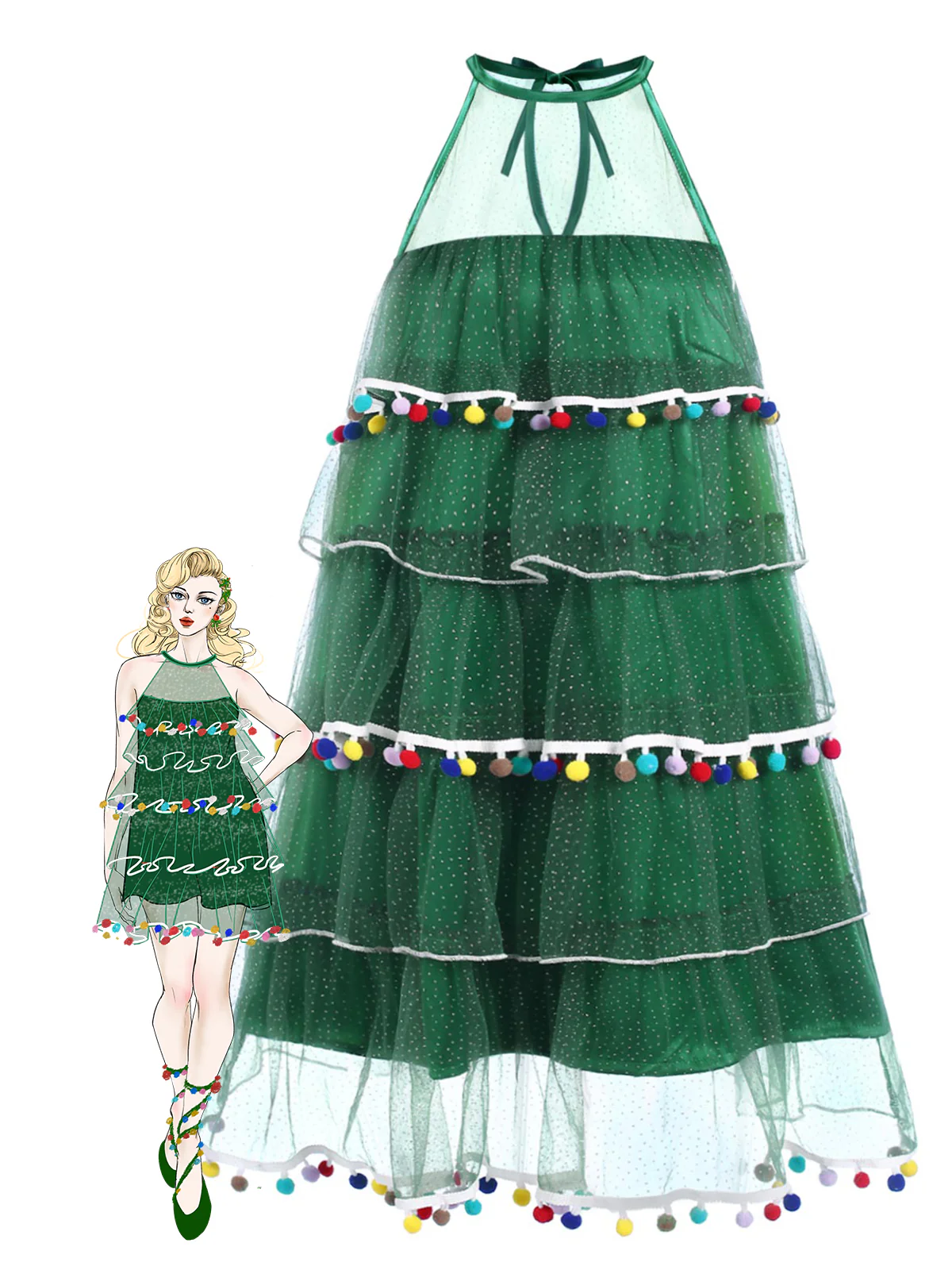 Green 1960s Pom-Pom Christmas Tree Dress - Image 2