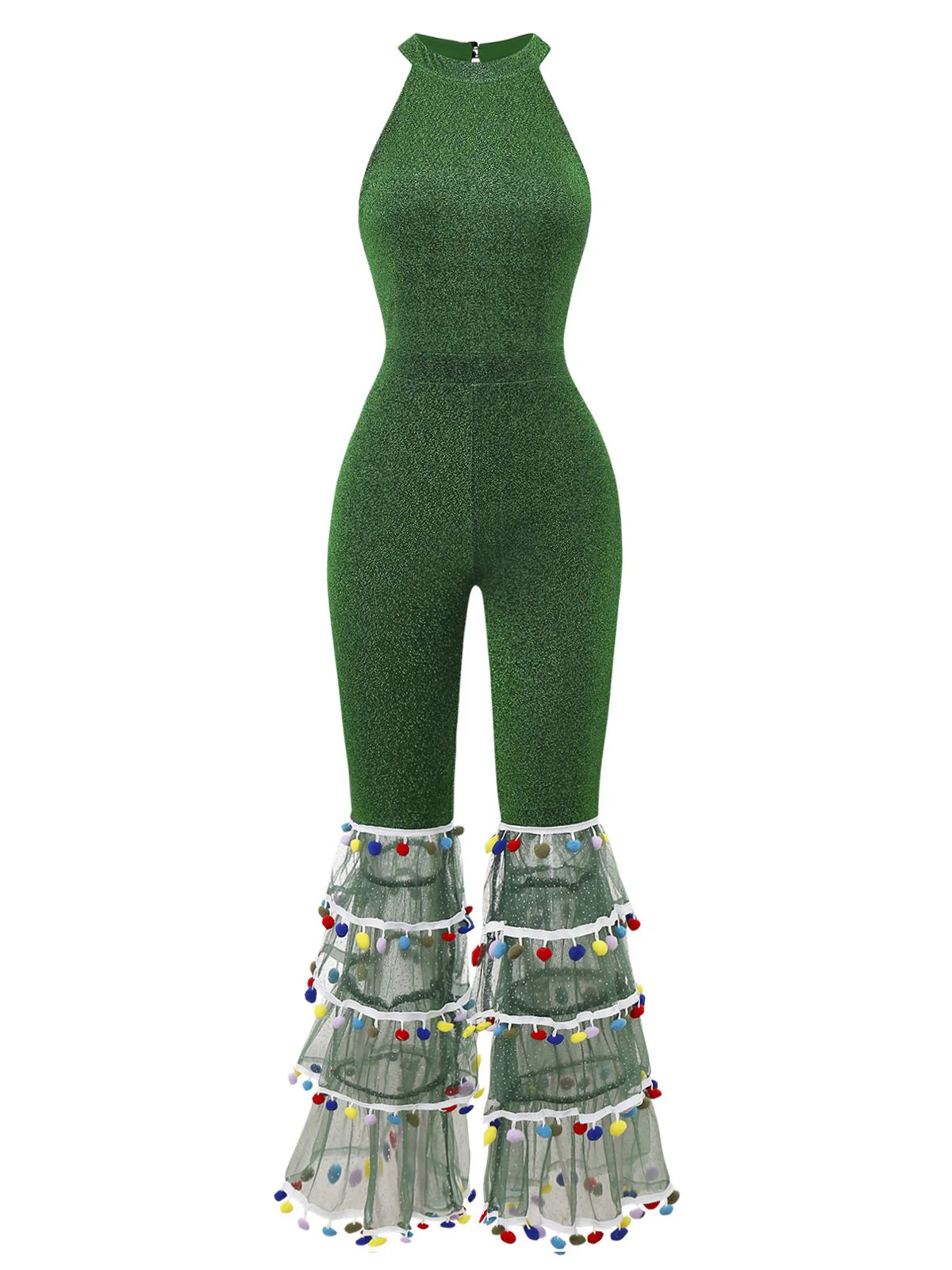 Green 1980s Solid Sparkly Mock Mesh Jumpsuit - Image 3