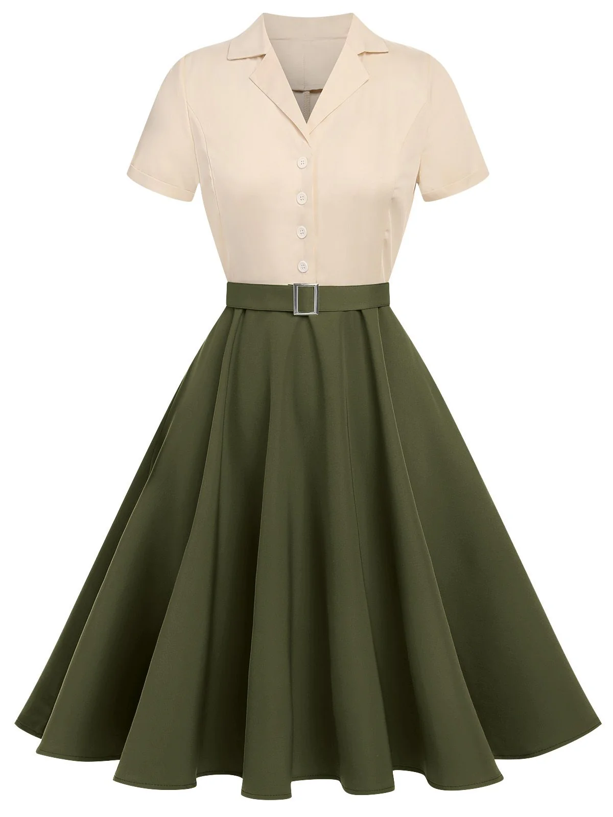 Khaki 1950s Snow White Style Button Dress - Image 9