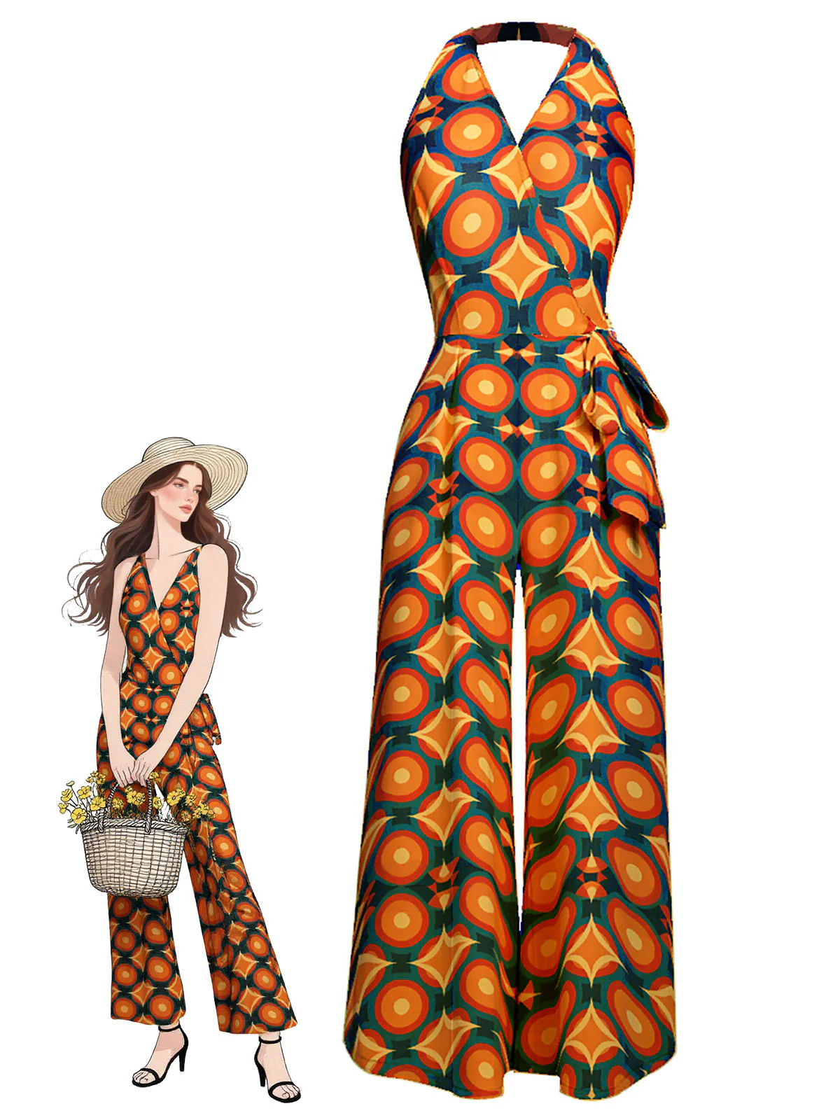 Orange 1970s Halter Geometric Print Jumpsuit - Image 2