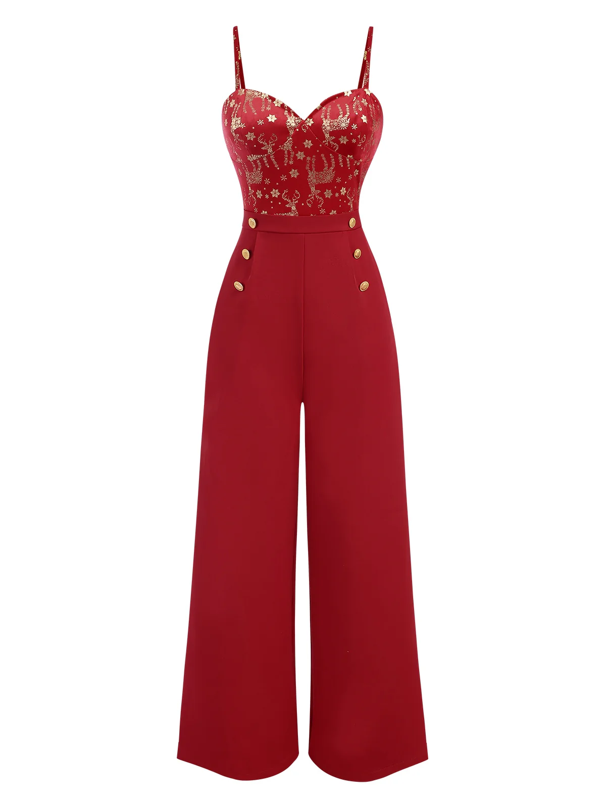 Red 1930s Christmas Elk Gilded Velvet Jumpsuit - Image 2