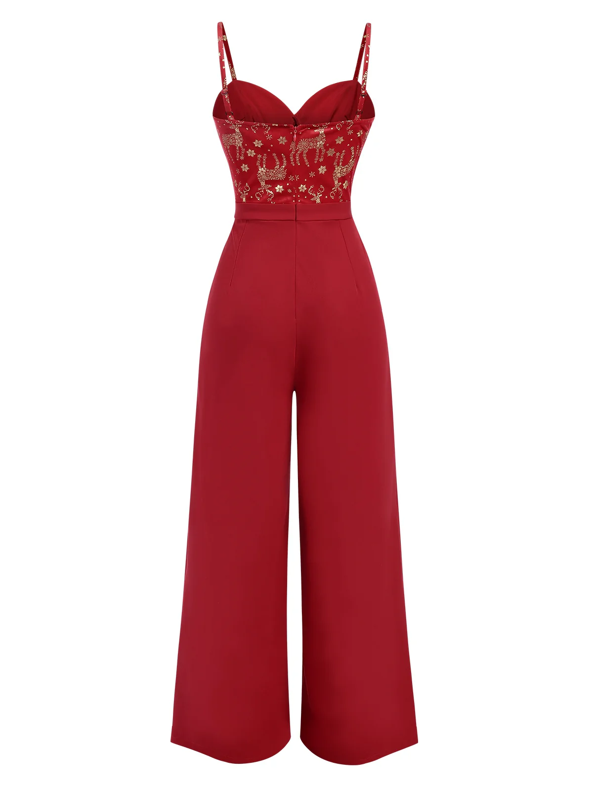 Red 1930s Christmas Elk Gilded Velvet Jumpsuit - Image 3
