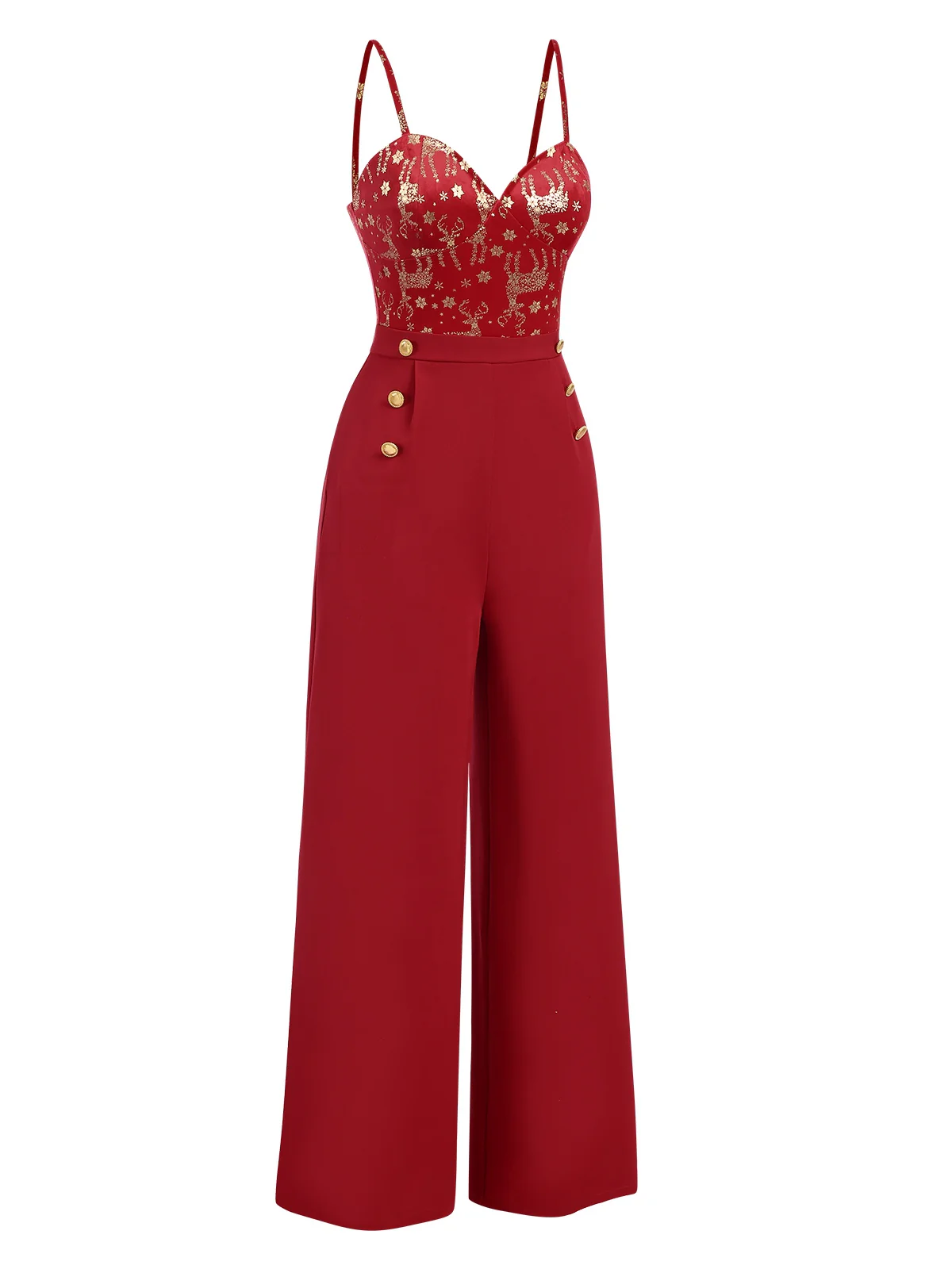 Red 1930s Christmas Elk Gilded Velvet Jumpsuit - Image 4