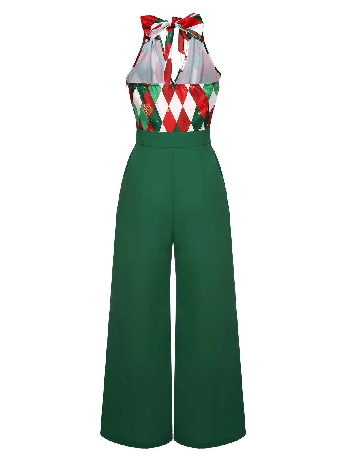 Red 1930s Christmas Plaid Lace Patchwork Jumpsuit - Image 9