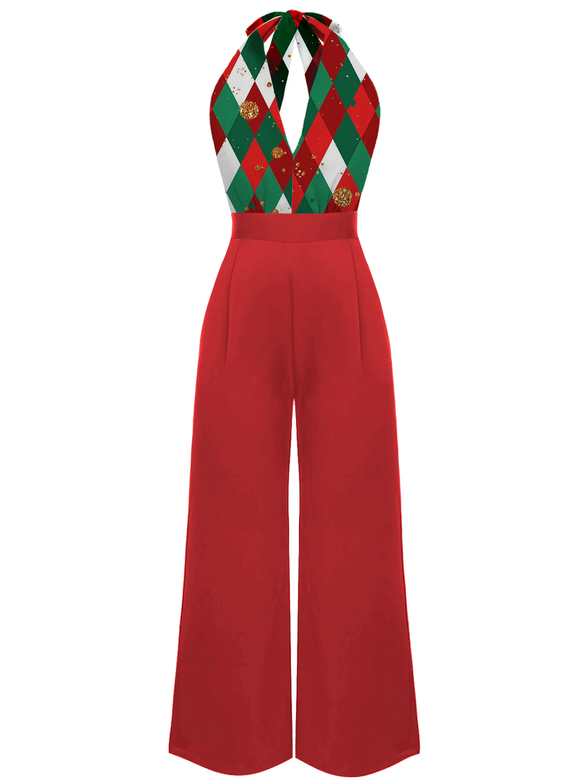 Red 1930s Christmas Plaid Lace Patchwork Jumpsuit - Image 2