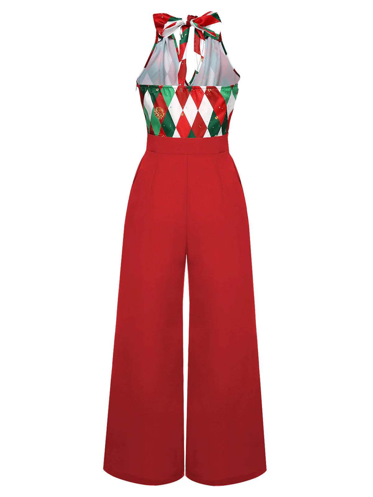 Red 1930s Christmas Plaid Lace Patchwork Jumpsuit - Image 3