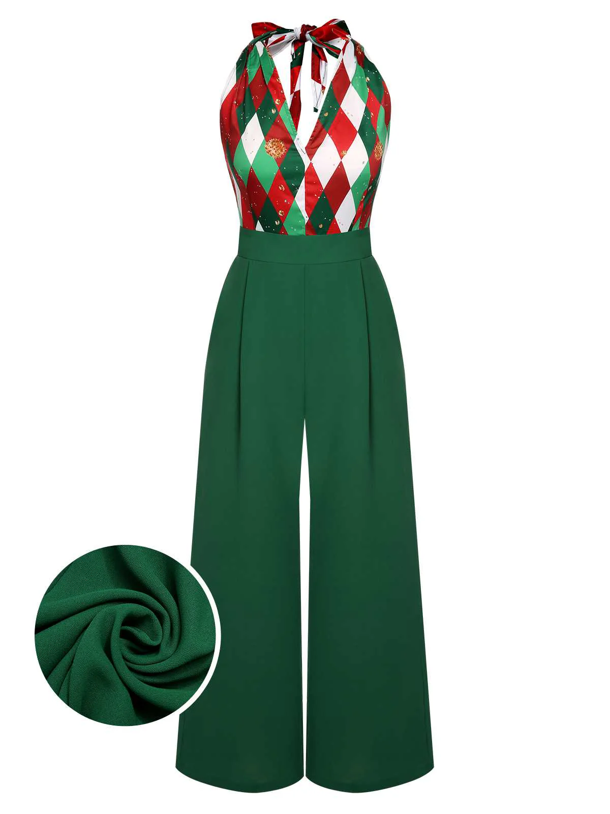 Red 1930s Christmas Plaid Lace Patchwork Jumpsuit - Image 6