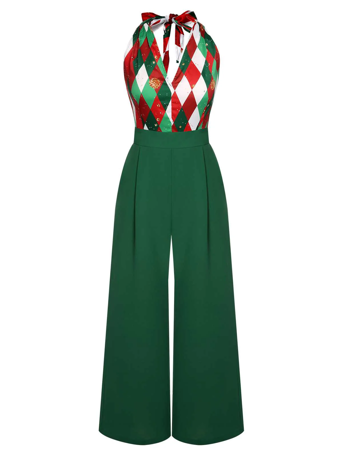 Red 1930s Christmas Plaid Lace Patchwork Jumpsuit - Image 7