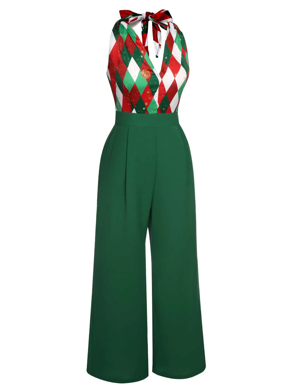 Red 1930s Christmas Plaid Lace Patchwork Jumpsuit - Image 8