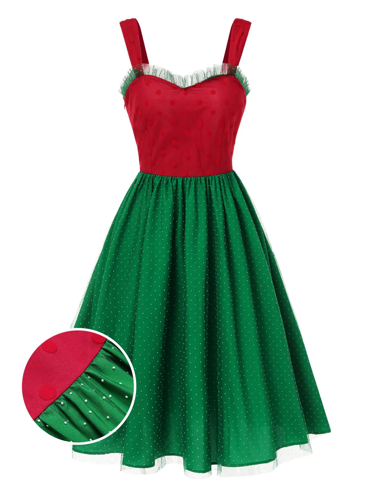 Red & Green 1950s Christmas Polka Dots Dress - Image 2